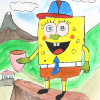 SpongeBob SquarePants dressed as a mailman drinking a cup of coffee in a mountainside scene, watercolors by 5 year old