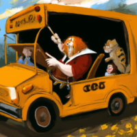 Garfield driving a school bus in a rock concert, Painting by Leonardo Da Vinci